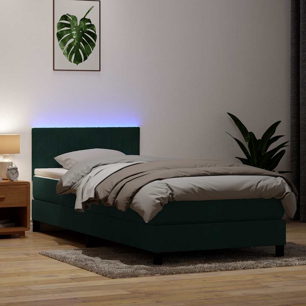 Box Spring krevet s madracem i LED tamnozeleni 80x220 cm baršun