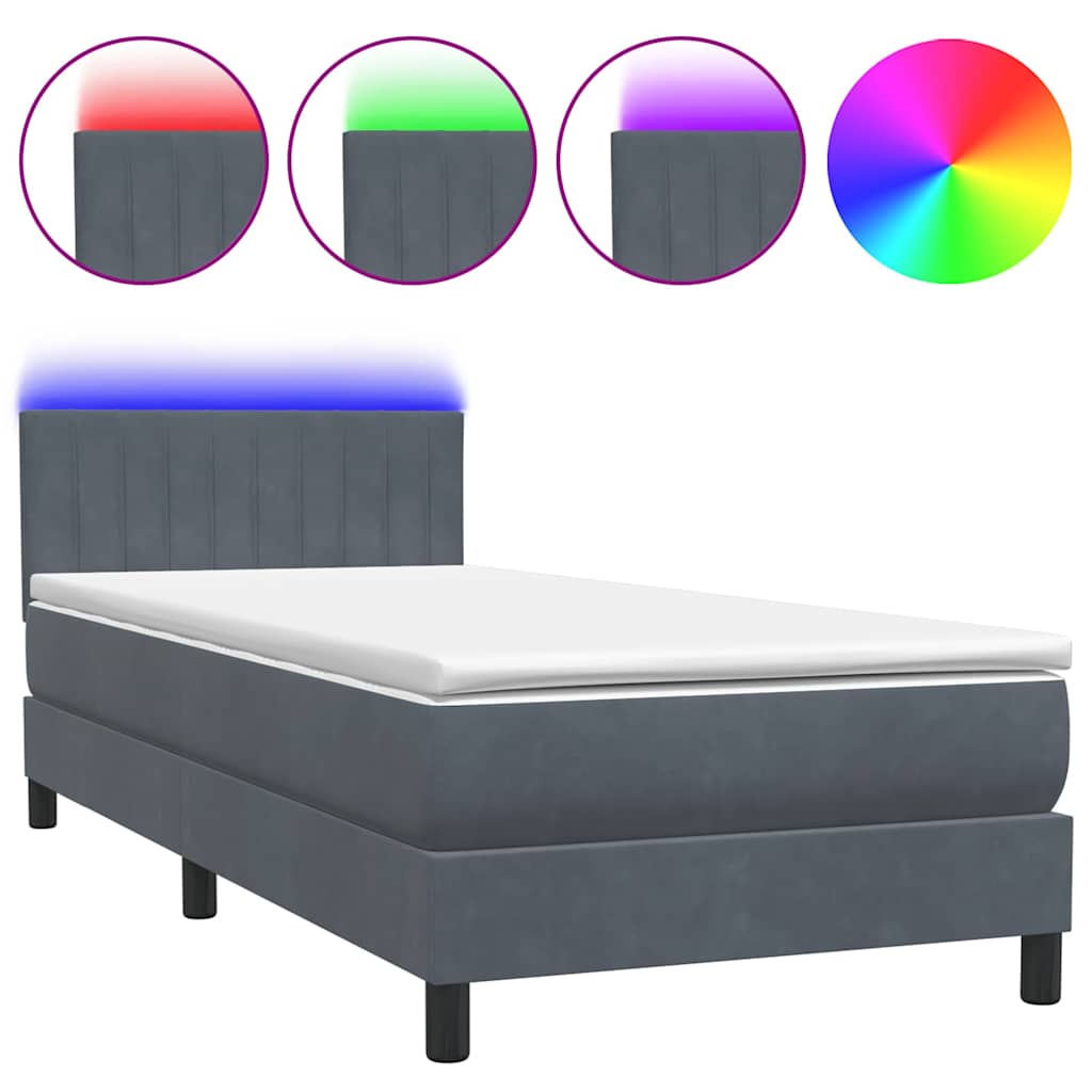 Box Spring krevet s madracem i LED tamnosivi 90x220 cm baršunasti