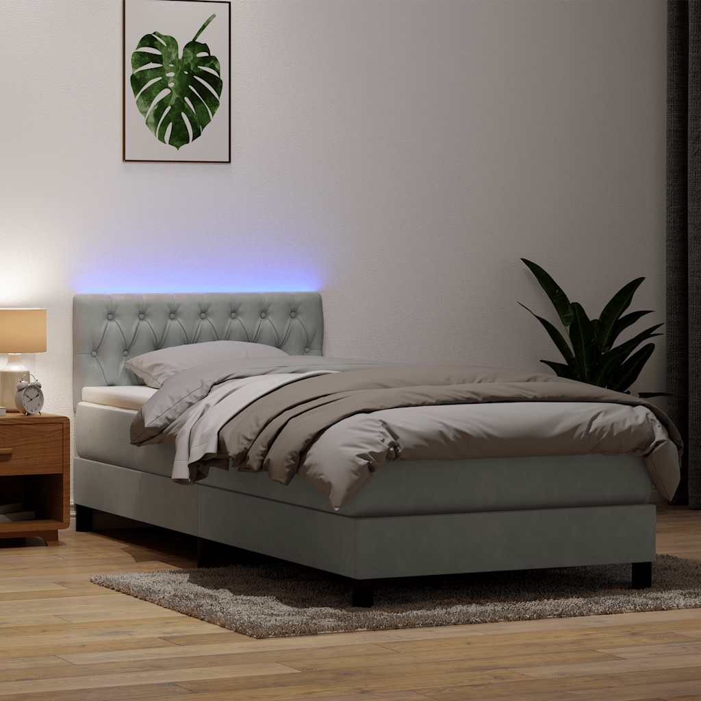 Box Spring krevet s madracem i LED svijetlo sivi 90x220 cm baršun