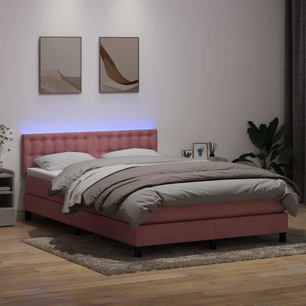Krevet s oprugama i madracem LED ružičasti 140x210 cm baršunasti