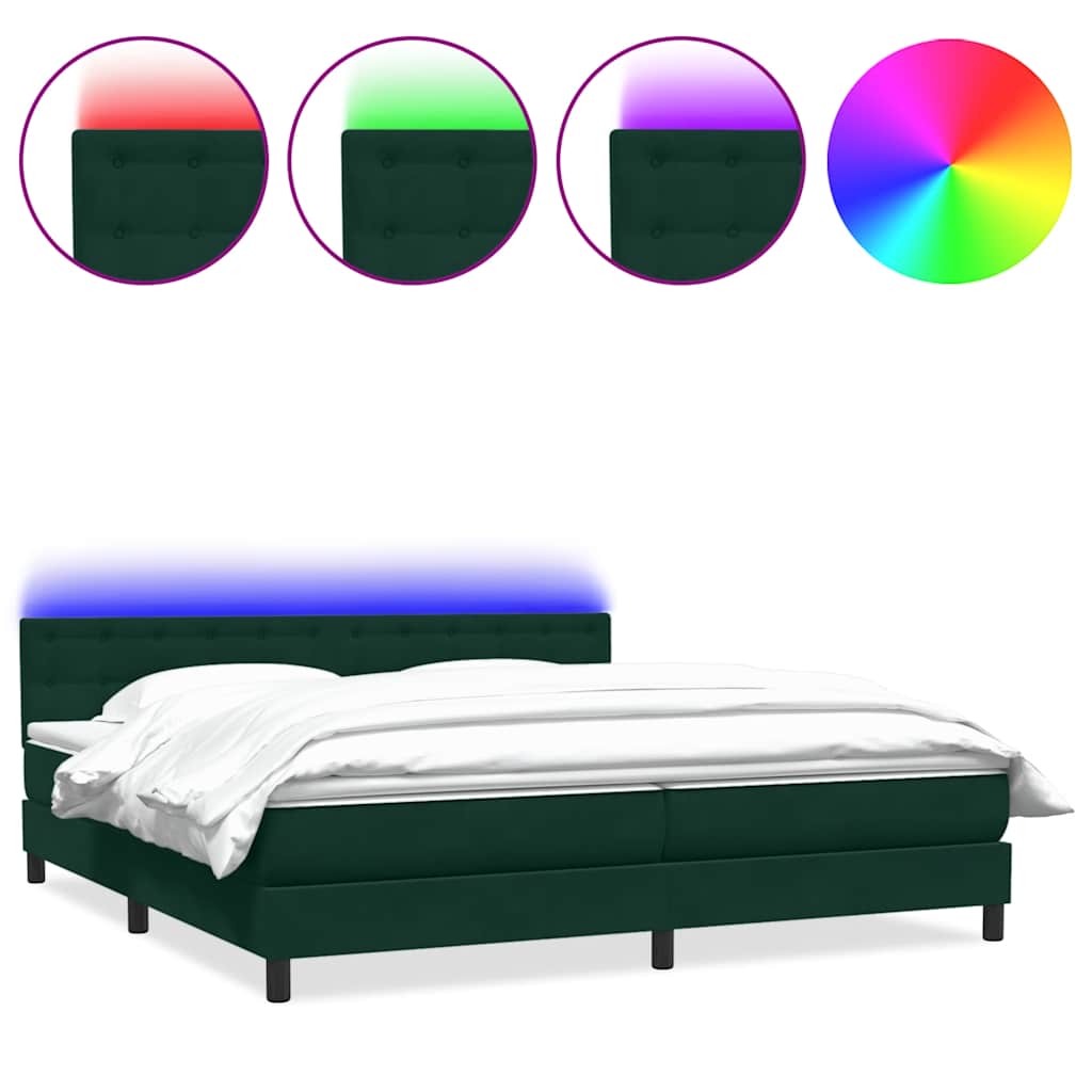 Box Spring krevet s madracem i LED tamno zeleni 180x220 cm baršun