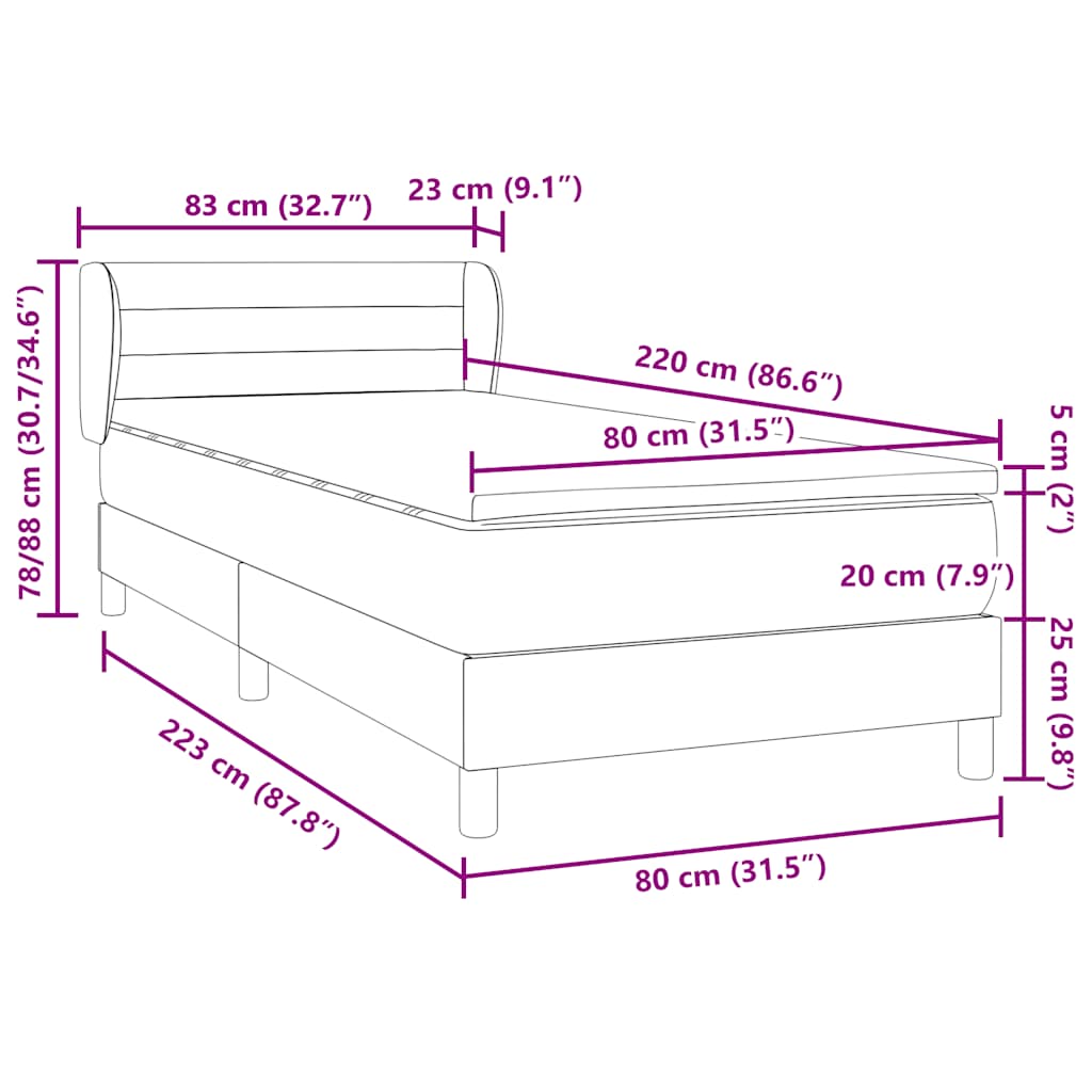 Box spring krevet s madracem tamnosivi 80 x 220 cm baršunasti