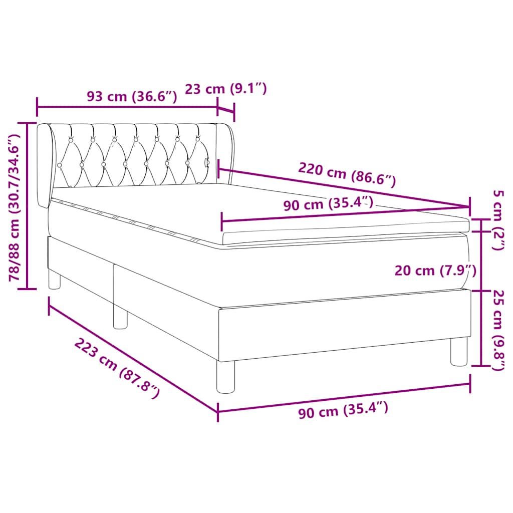 Box spring krevet s madracem tamnosivi 90x220 cm baršunasti