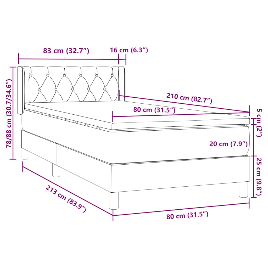 Box Spring krevet s madracem tamno sivi 80x210 cm baršun