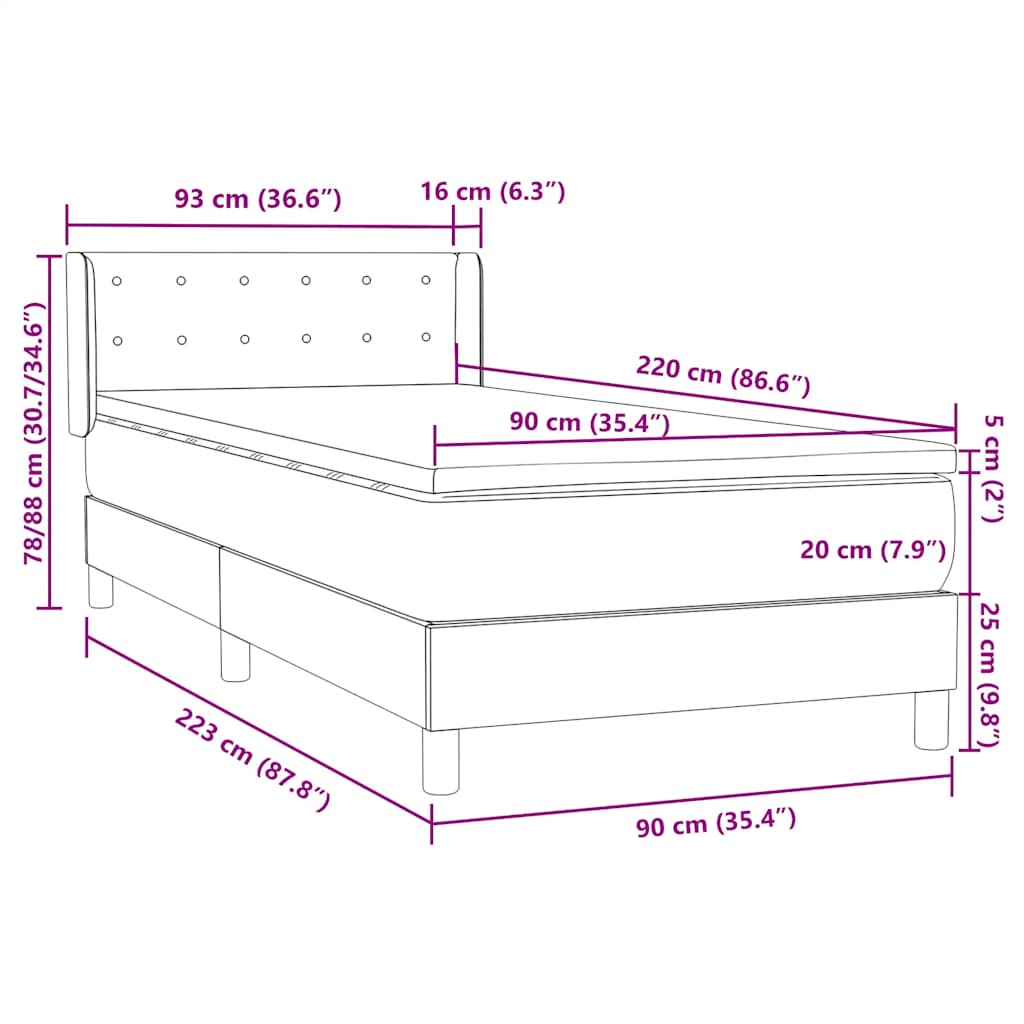 Box Spring krevet s madracem svijetlo sivi 90x220 cm baršun