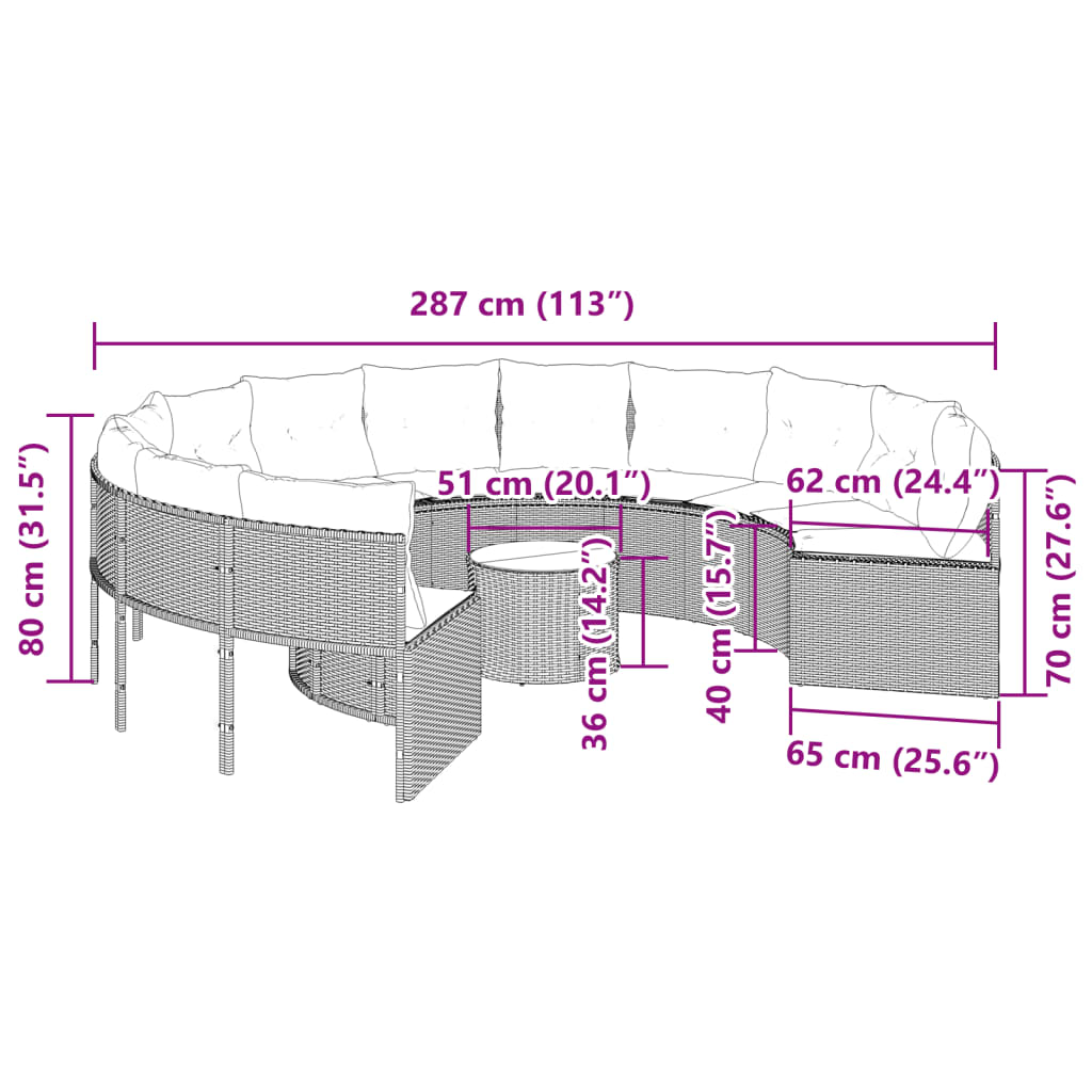 Vrtna sofa sa stolom i jastucima okrugla bež od poliratana