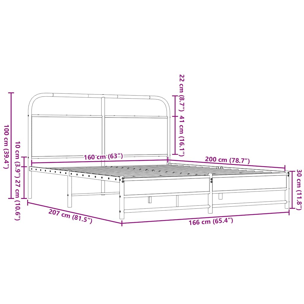 Metalni okvir kreveta bez madraca smeđa boja hrasta 160x200 cm