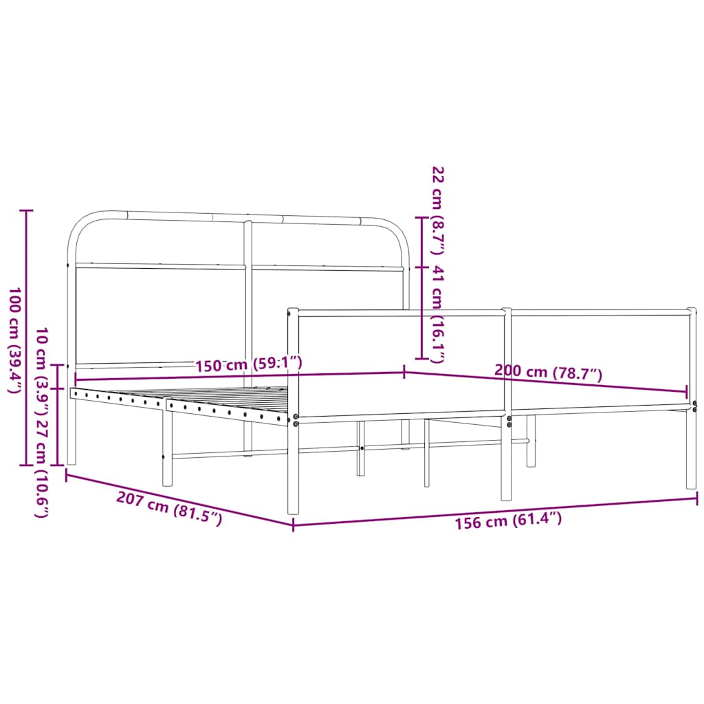 Metalni okvir kreveta bez madraca smeđa boja hrasta 150x200 cm
