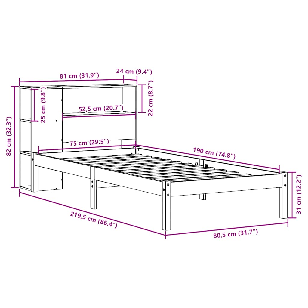 Krevet s regalom za knjige bez madraca 75 x 190 cm od borovine