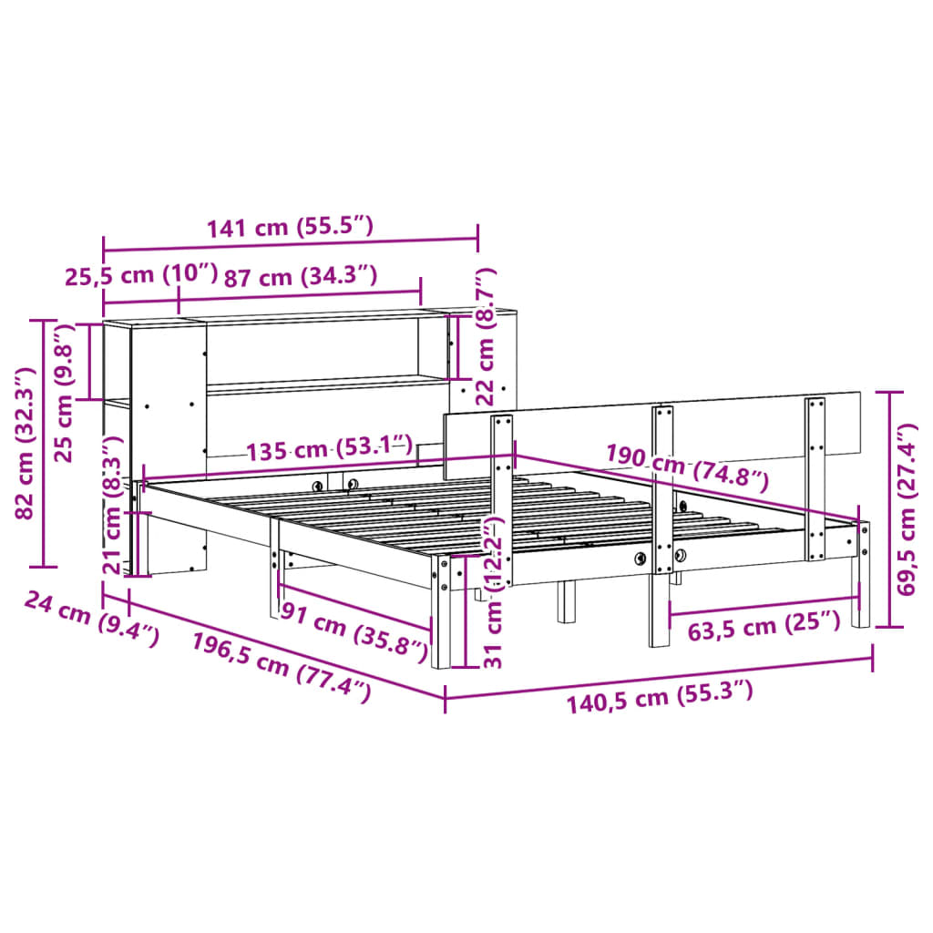 Krevet s regalom z knjige bez madraca bijeli 135x190cm borovina