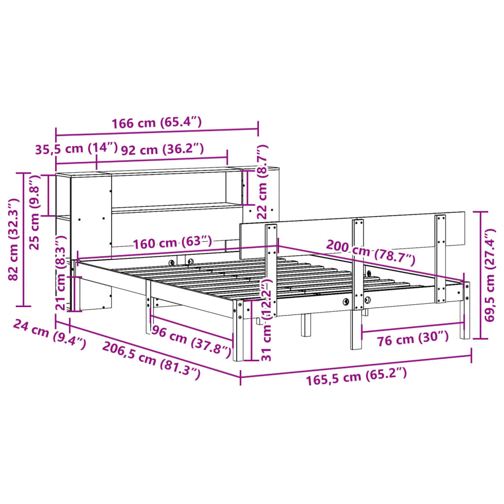 Krevet s regalom z knjige bez madraca bijeli 160x200cm borovina