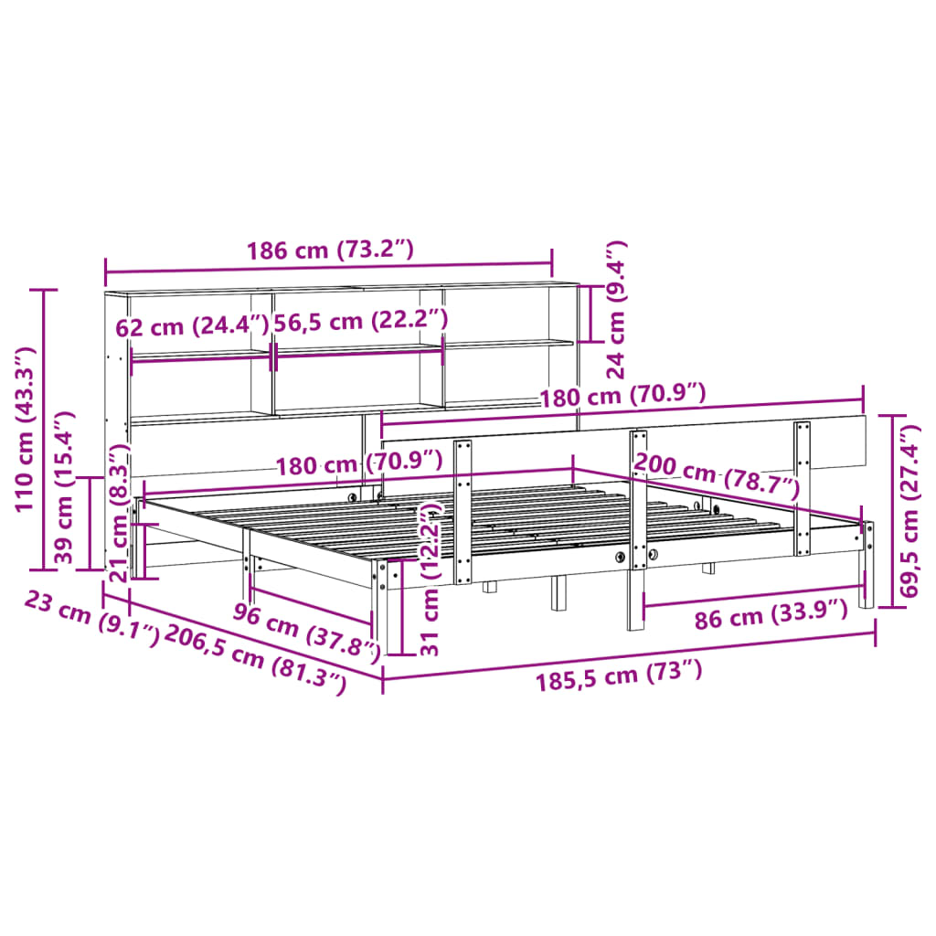 Krevet s regalom z knjige bez madraca bijeli 180x200cm borovina
