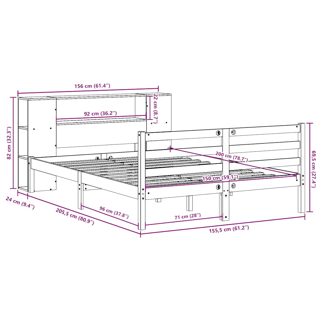 Krevet s regalom za knjige bez madraca 150x200 cm od borovine