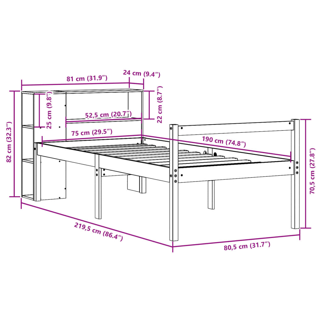 Krevet s regalom za knjige bez madraca bijeli 75x190cm borovina