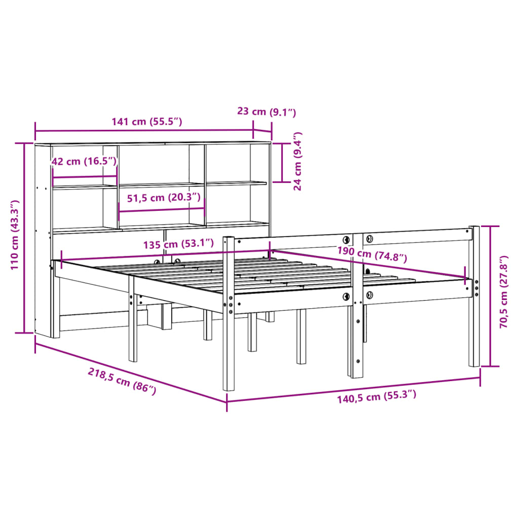 Krevet s regalom za knjige bez madraca 135x190 cm masivno drvo