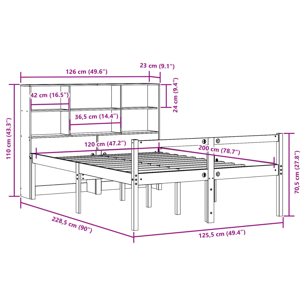 Krevet s regalom za knjige bez madraca 120x200 cm masivno drvo