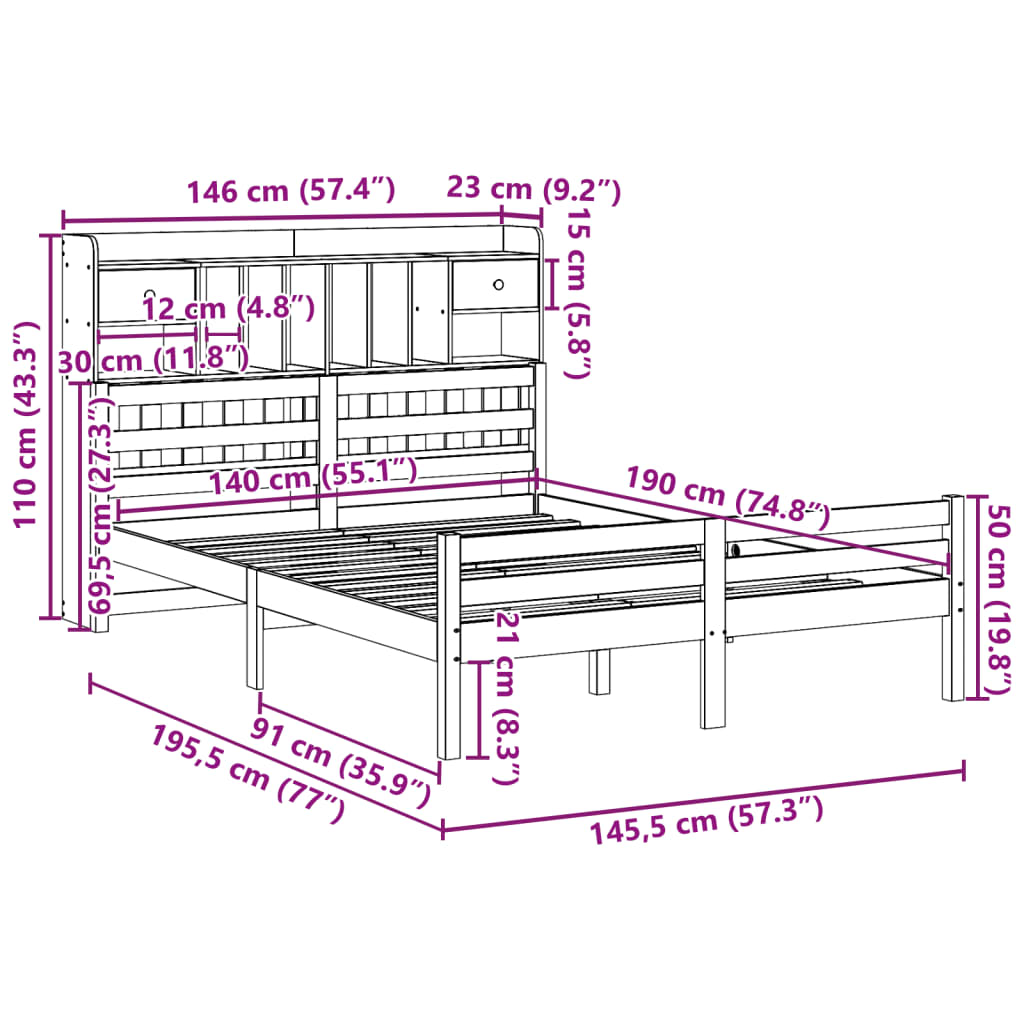 Krevet s regalom za knjige bez madraca 140x190 cm od borovine