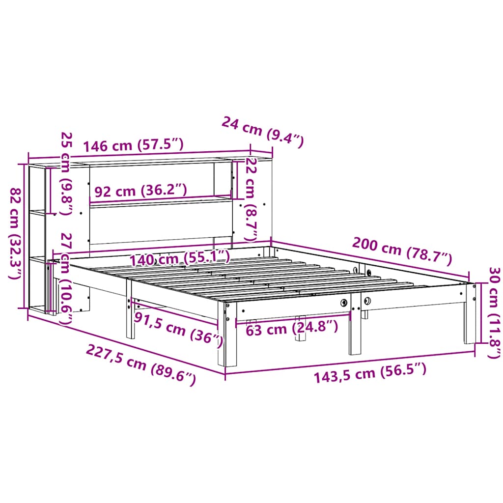 Krevet s regalom z knjige bez madraca bijeli 140x200cm borovina