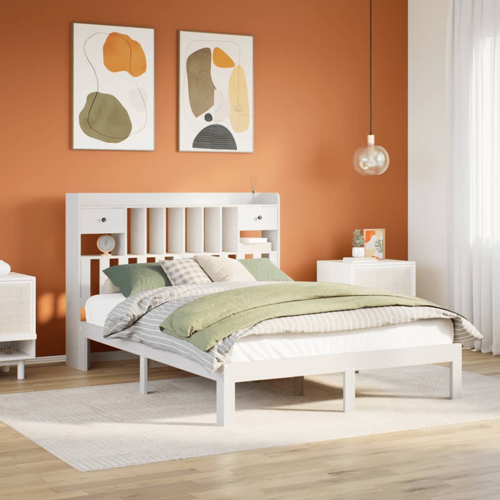 Krevet s regalom z knjige bez madraca bijeli 135x190cm borovina
