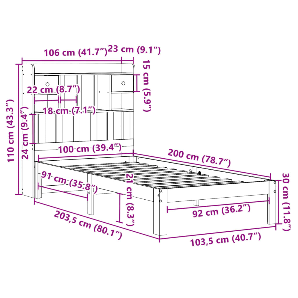 Krevet s regalom za knjige bez madraca 100 x 200 cm od borovine