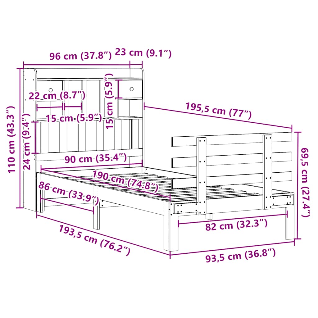 Krevet s regalom za knjige bez madraca 90x190 cm od borovine