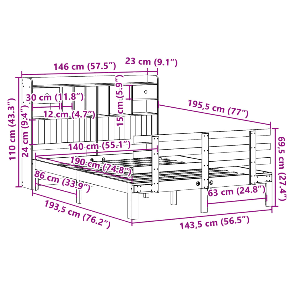 Krevet s regalom za knjige bez madraca 140x190 cm od borovine