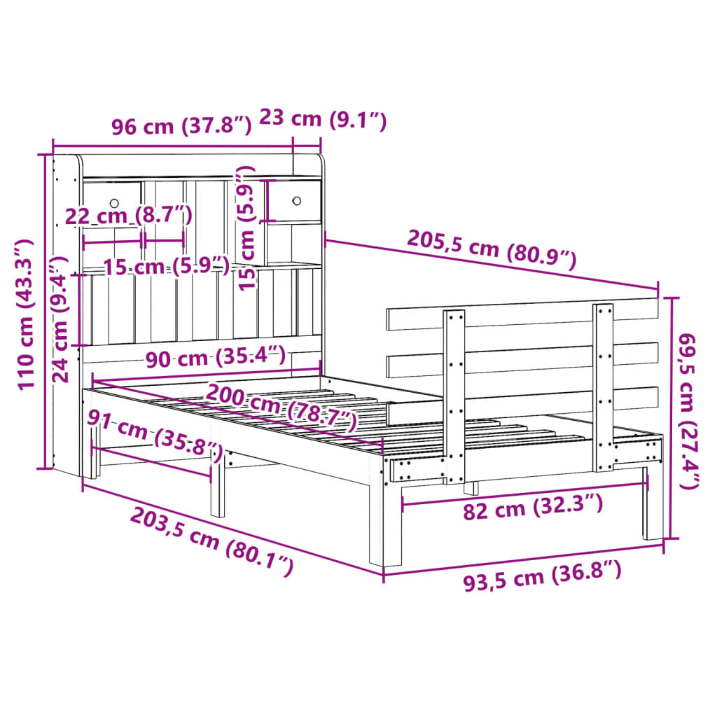 Krevet s regalom za knjige bez madraca 90x200 cm od borovine