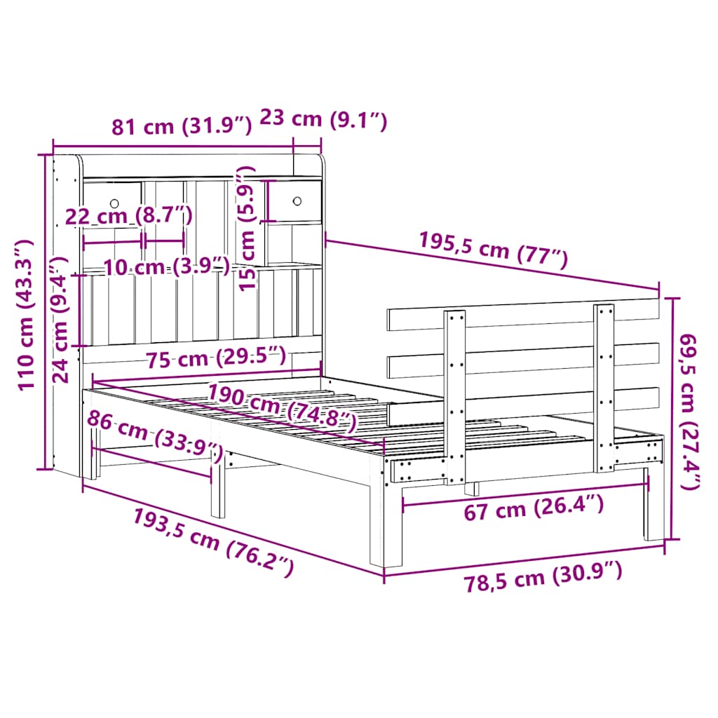 Krevet s regalom za knjige bez madraca 75 x 190 cm od borovine