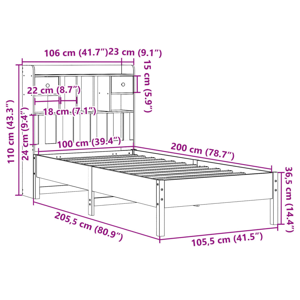 Krevet s regalom za knjige bez madraca 100 x 200 cm od borovine