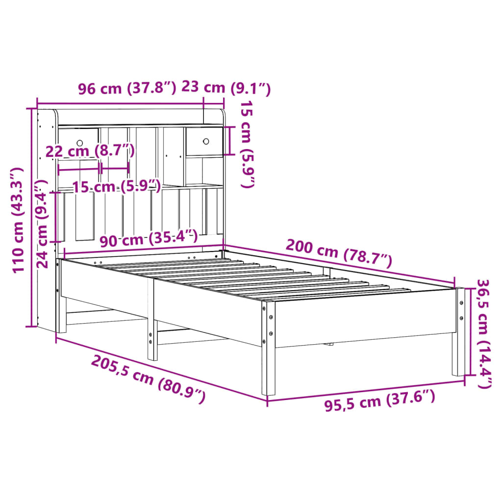 Krevet s regalom za knjige bez madraca 90x200 cm od borovine