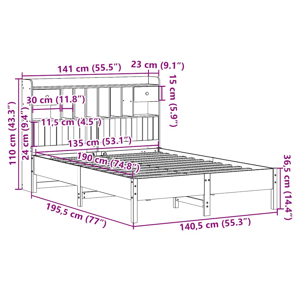 Krevet s regalom za knjige bez madraca 135x190 cm od borovine