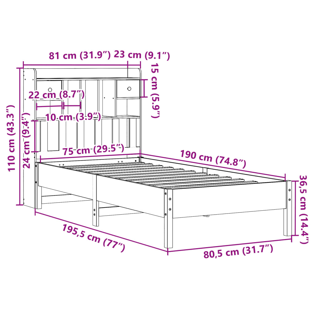 Krevet s regalom za knjige bez madraca 75 x 190 cm od borovine