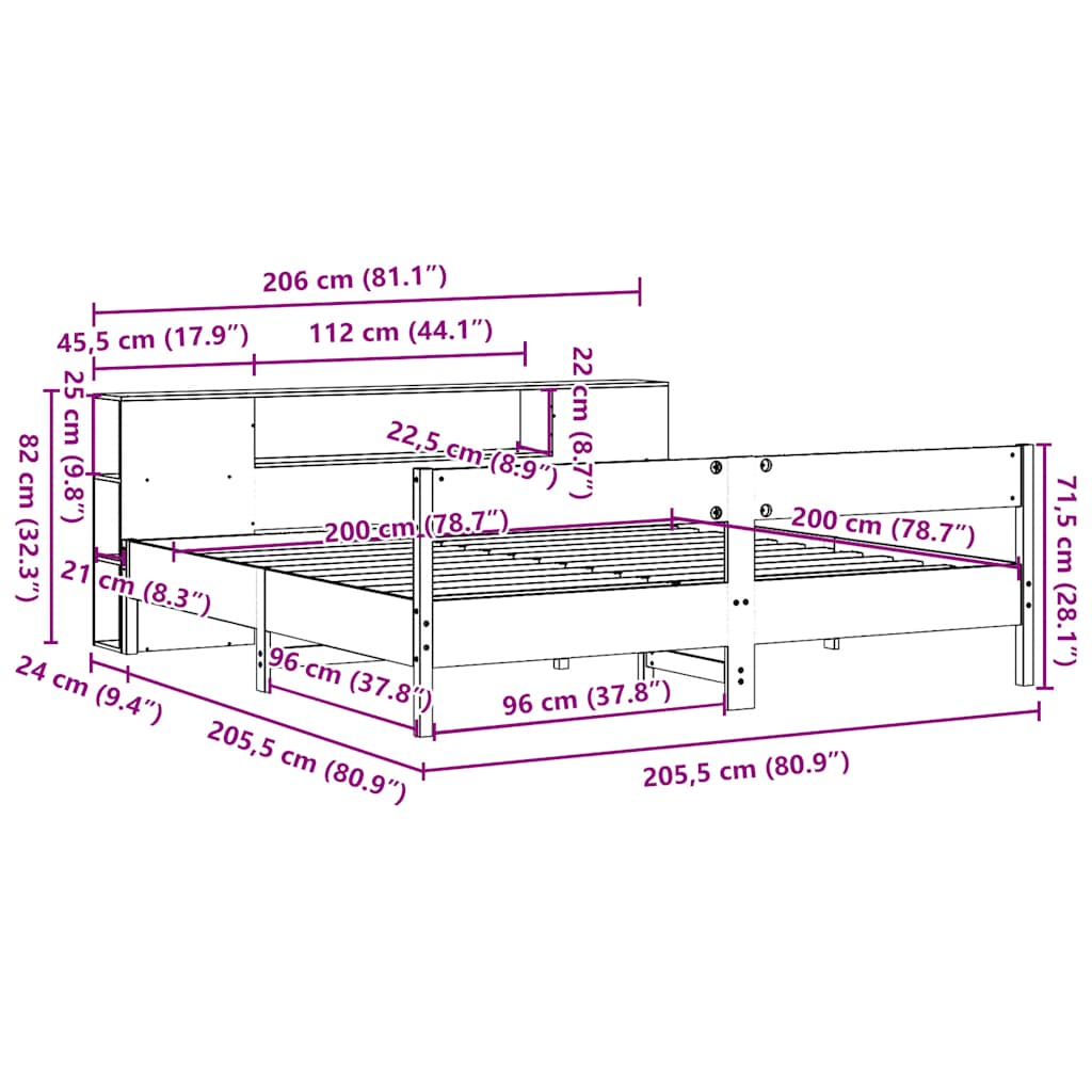 Krevet s regalom za knjige bez madraca 200x200 cm od borovine