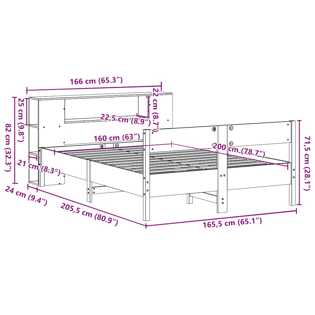 Krevet s regalom z knjige bez madraca bijeli 160x200cm borovina