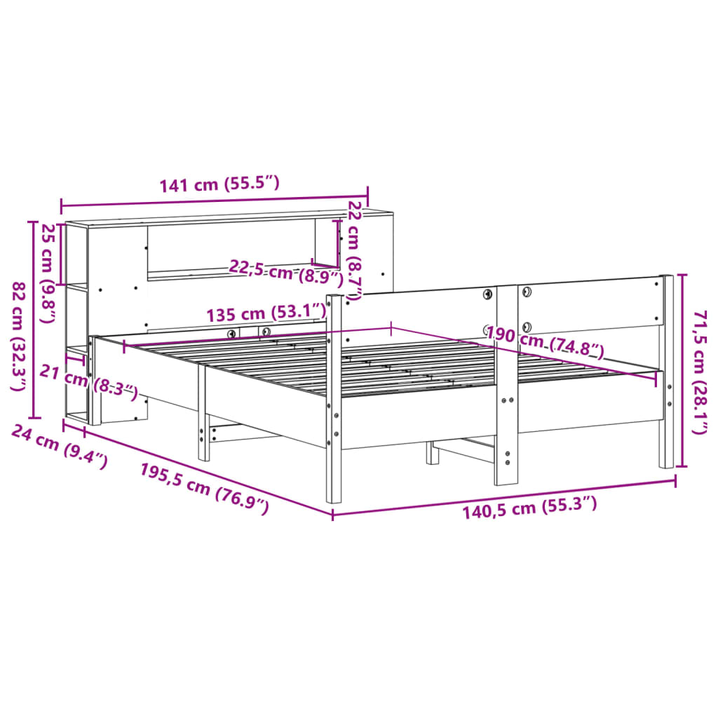 Krevet s regalom za knjige bez madraca 135 x 190 cm od borovine