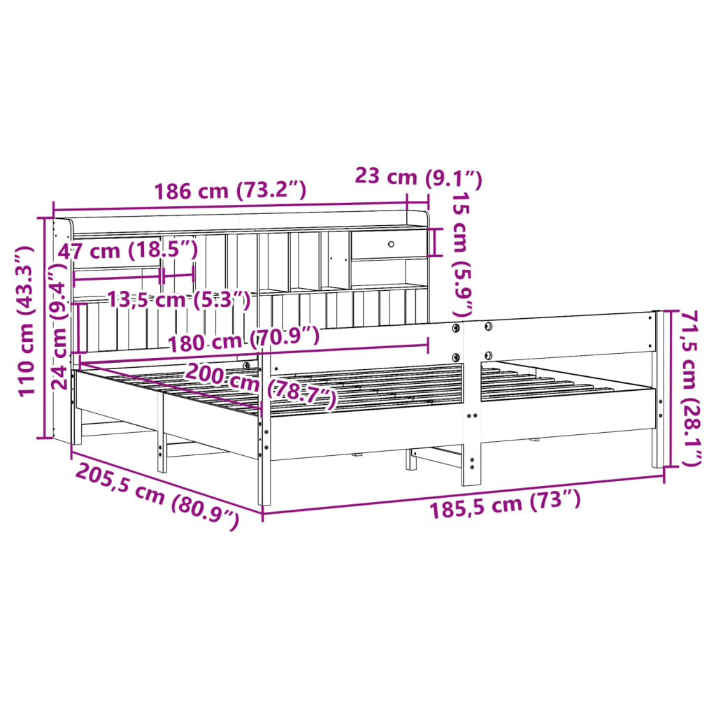 Krevet s regalom z knjige bez madraca bijeli 180x200cm borovina