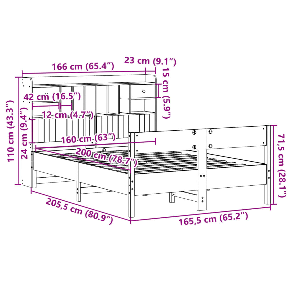 Krevet s regalom za knjige bez madraca 160x200 cm od borovine