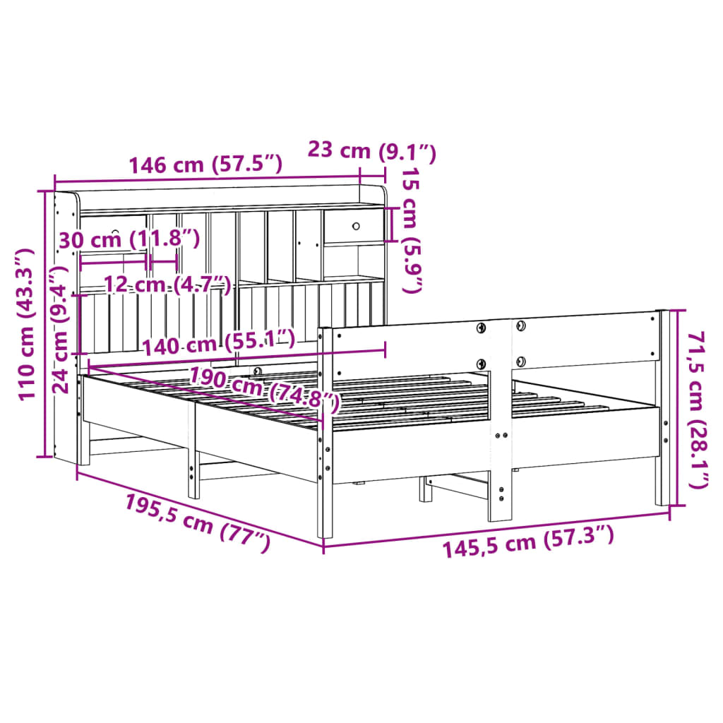 Krevet s regalom z knjige bez madraca bijeli 140x190cm borovina