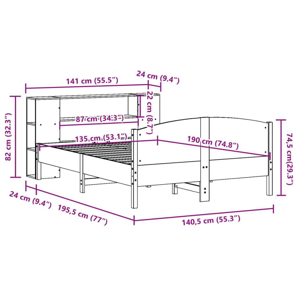 Krevet s regalom z knjige bez madraca bijeli 135x190cm borovina