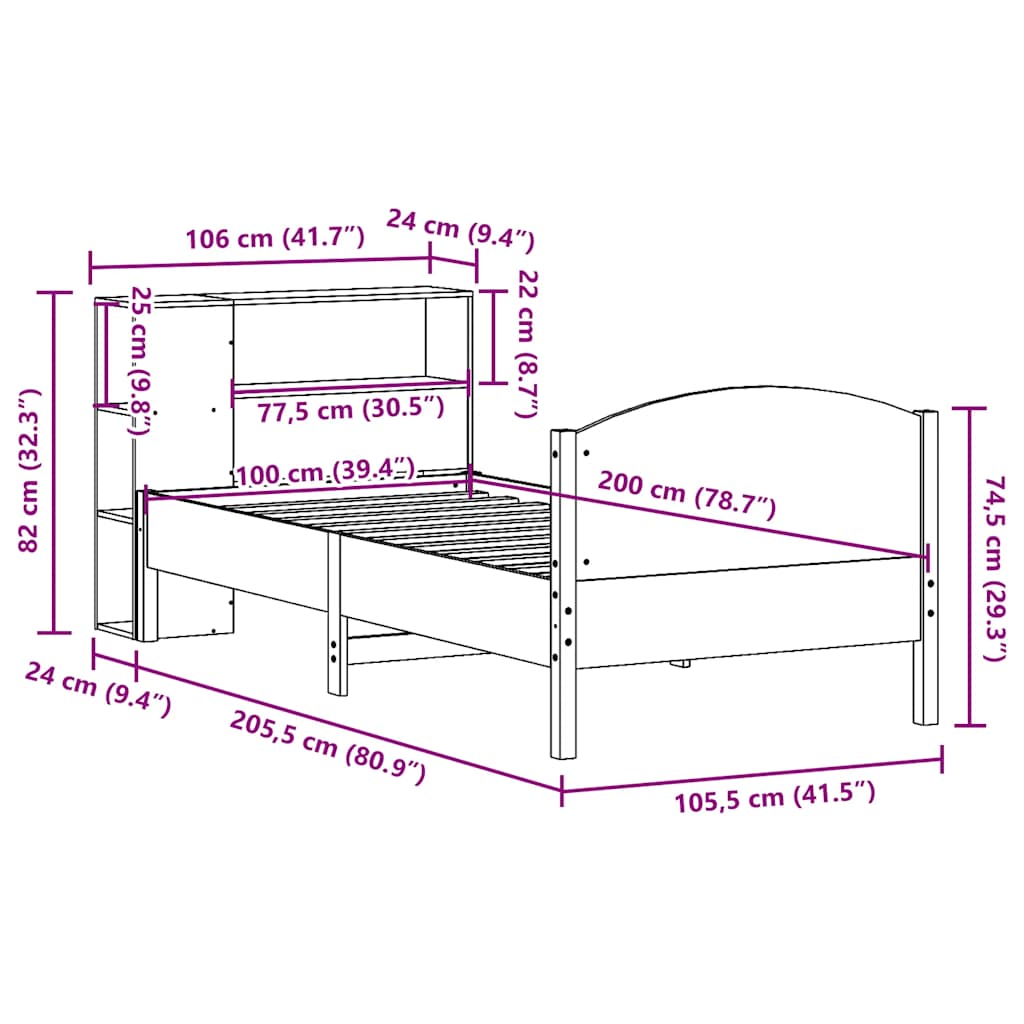 Krevet s regalom za knjige bez madraca 100 x 200 cm od borovine