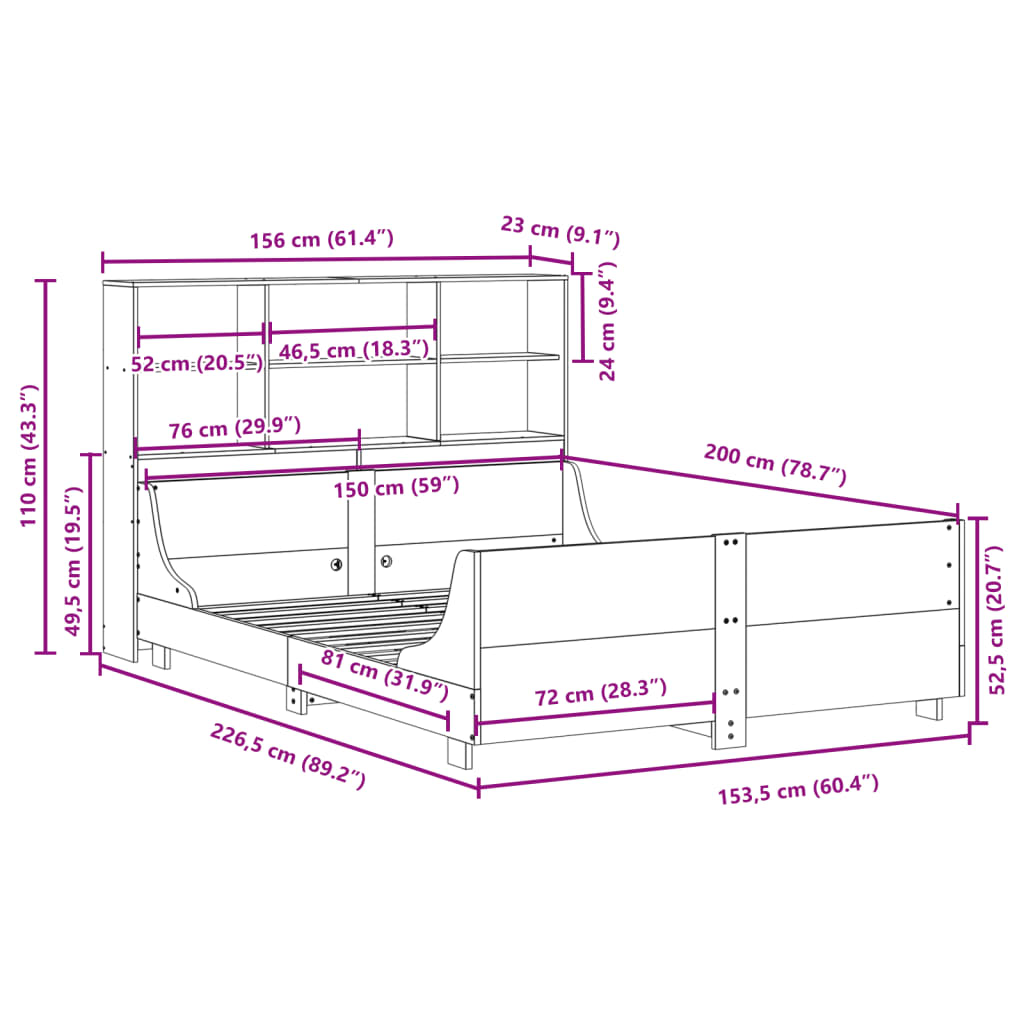 Krevet s regalom za knjige bez madraca 150x200 cm masivno drvo