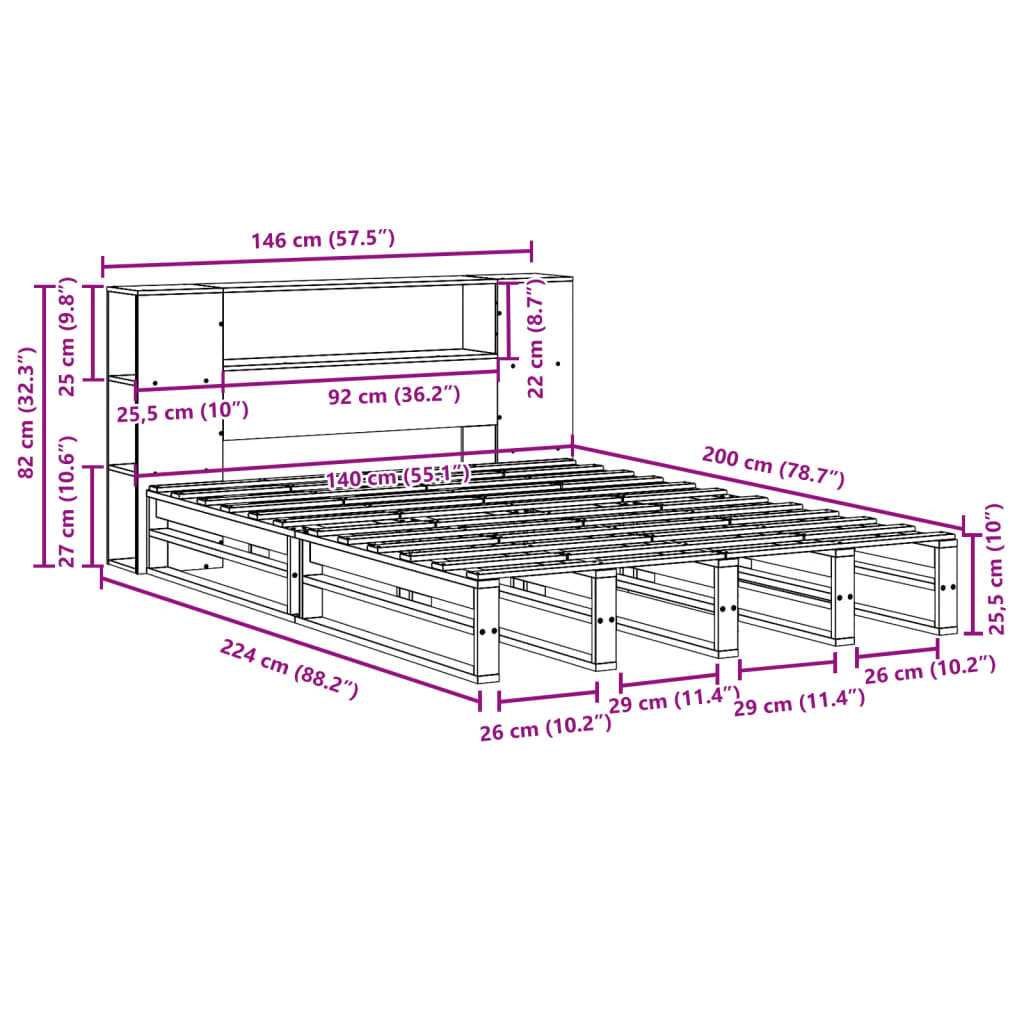 Krevet s regalom za knjige bez madraca 140x200 cm masivno drvo