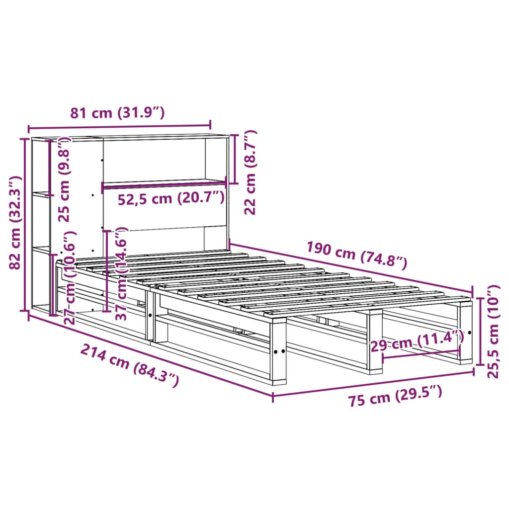 Krevet s regalom za knjige bez madraca bijeli 75x190 cm od drva