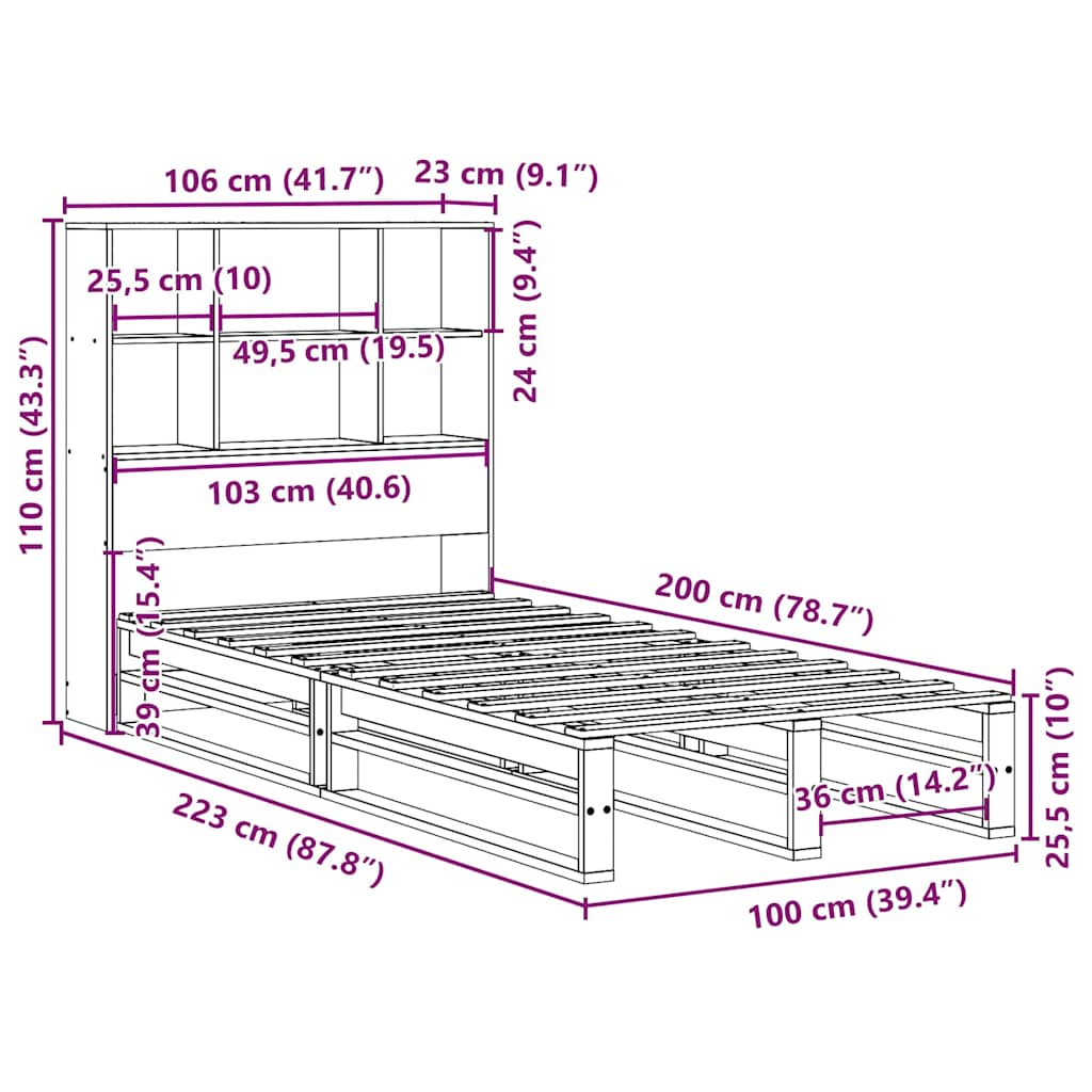Krevet s regalom za knjige bez madraca 100x200 cm masivno drvo