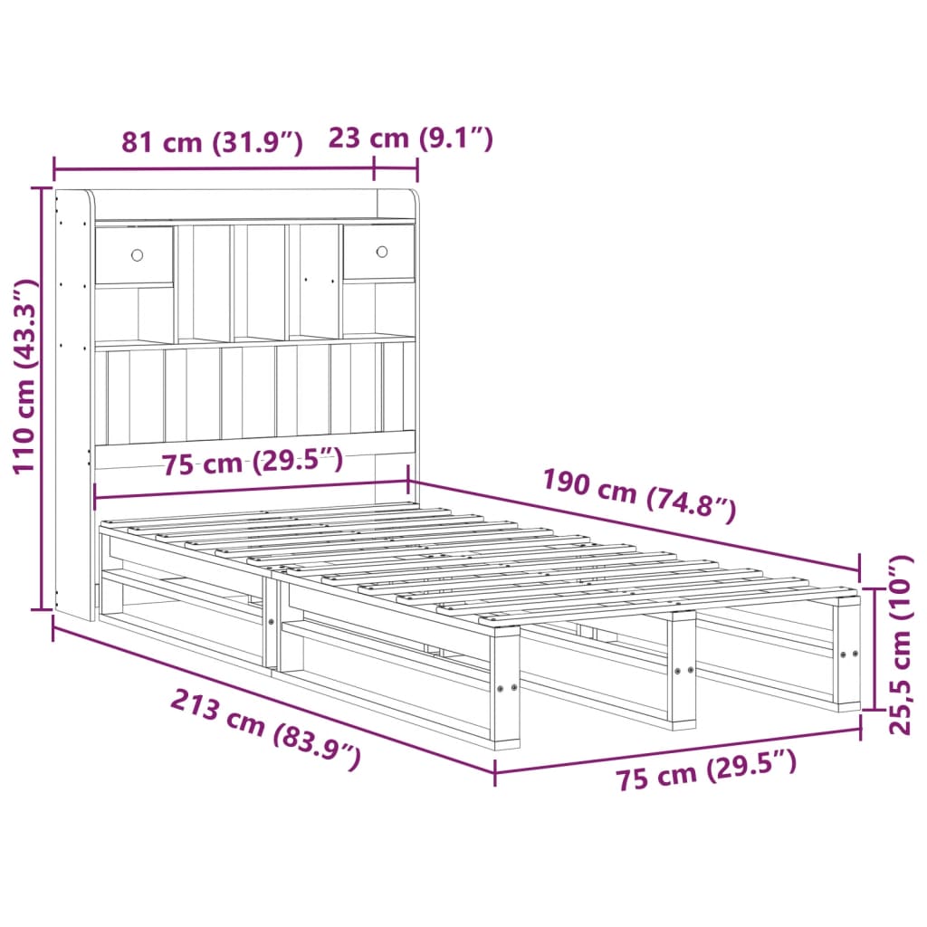 Krevet s regalom za knjige bez madraca bijeli 75x190cm borovina