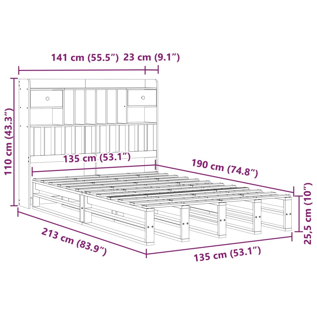 Krevet s regalom z knjige bez madraca bijeli 135x190cm borovina