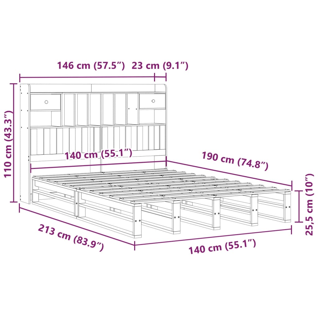 Krevet s regalom za knjige bez madraca 140x190 cm od borovine
