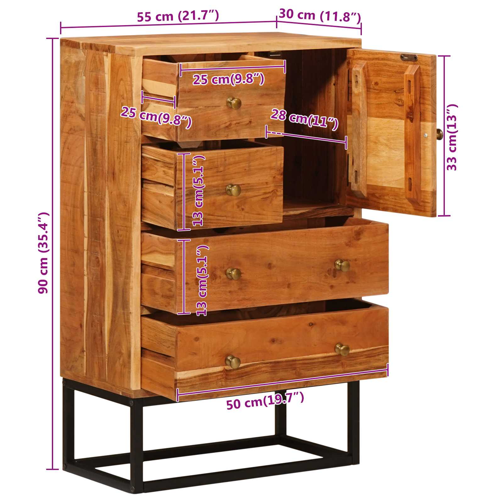 Komoda s ladicama Prirodna 55 x 30 x 90 cm Čvrsto drvo akacije
