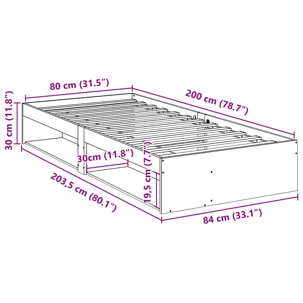 Dnevni krevet bez madraca 80 x 200 cm od masivne borovine