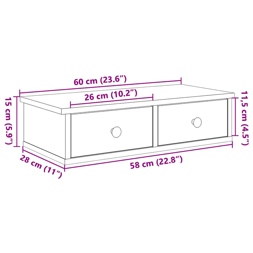 Zidna polica s ladicama crna 60x28x15 cm izrađeno drvo